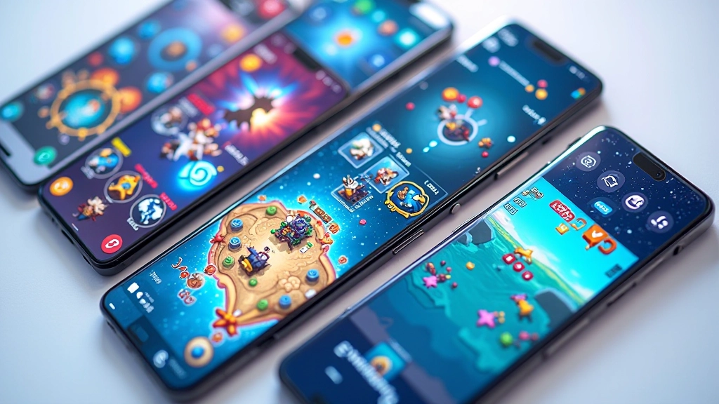 Multiple smartphone screens showing different game interfaces and UI designs