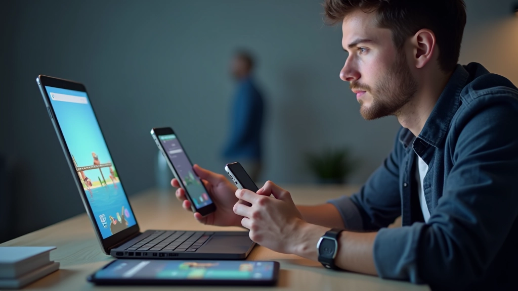 Developer testing game on multiple platforms with iOS and Android devices connected to laptop in testing environment