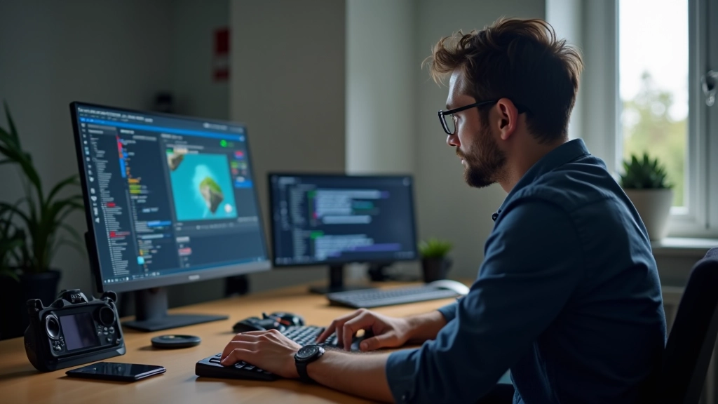 Developer working on mobile game development with multiple devices