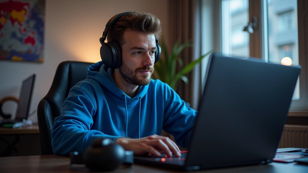 Game developer working on Unity interface with laptop and game controller on desk