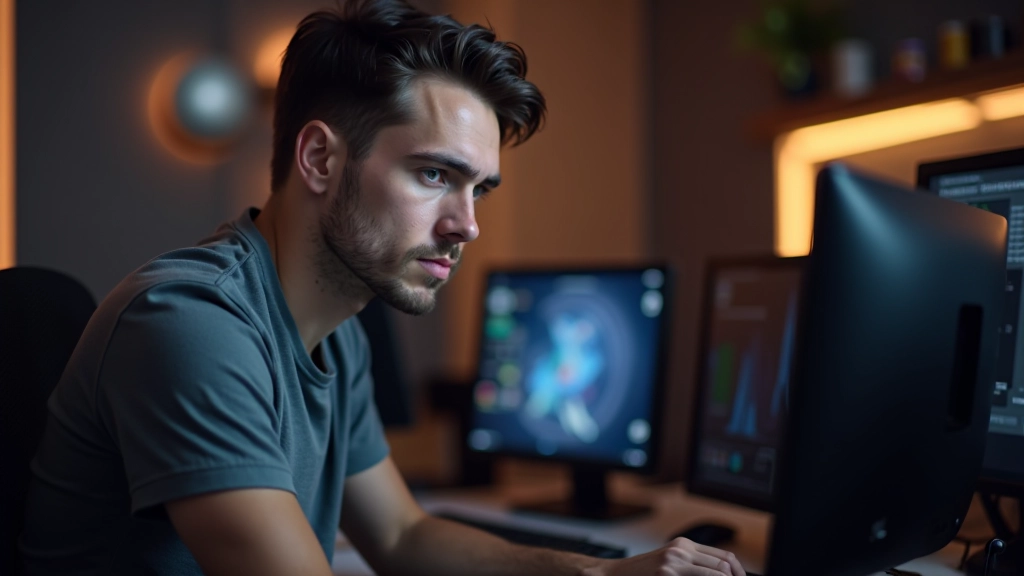 Game developer working on mobile game project with laptop and game controller setup