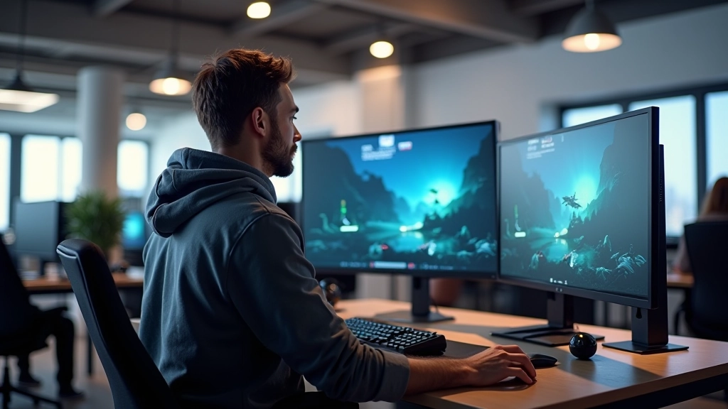 Person sitting at desk with multiple monitors showing Unity development environment and code editor