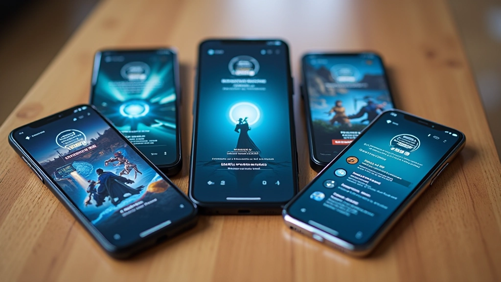 Multiple smartphone screens displaying different game interfaces and UI designs in a row